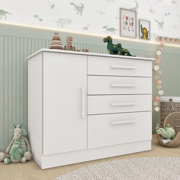 Cômoda Infantil 1 Porta 4 Gavetas 104cm Harmonia Yescasa Neve