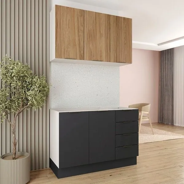 Cozinha Modulada 2 Peças sem Tampo com Rodapé 1 Aéreo e 1 Balcão Ipanema CabeCasa MadeiraOriginals Grafite Trama/Acácia