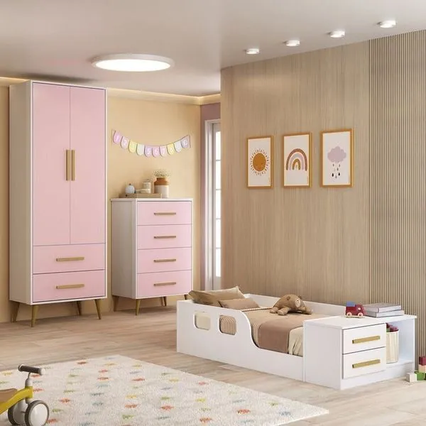 Quarto Infantil Completo com Guarda-roupa, Cômoda e Cama Magia Espresso Móveis Branco/Rosa
