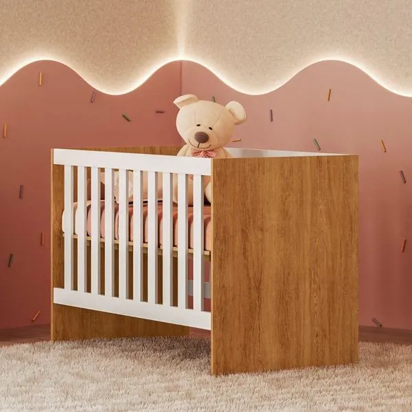 Berço com Regulagem de Altura 100% Mdf Soft Americano Amadeirado/Branco