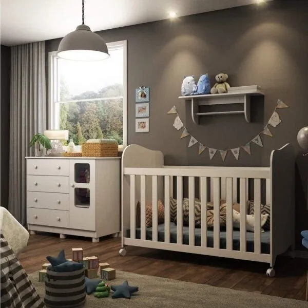 Quarto de Bebê com Berço Cômoda com Janela e Prateleira 100% MDF Uli Branco Brilho