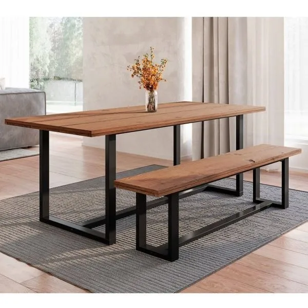 Conjunto de Jantar Mesa 210cm com Banco Rústico Industrial Lumber CabeCasa MadeiraOriginals Marrom/Preto