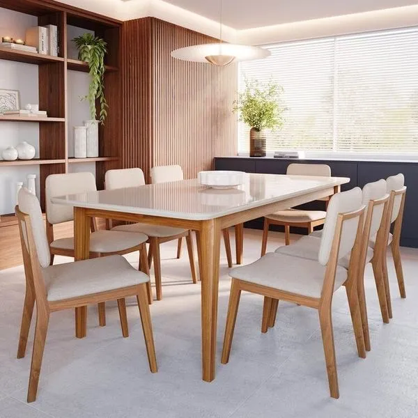Conjunto Sala de Jantar 1 Mesa Tangará 210cm 8 Cadeiras Estofadas Miriti CabeCasa MadeiraOriginals Off White/Creme