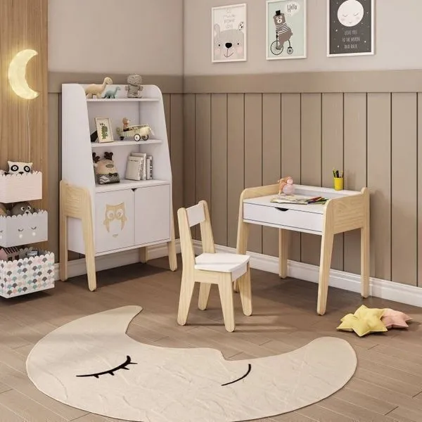 Conjunto Estante com Mesa e Cadeira Infantil Corujinha Casatema Branco/Natural