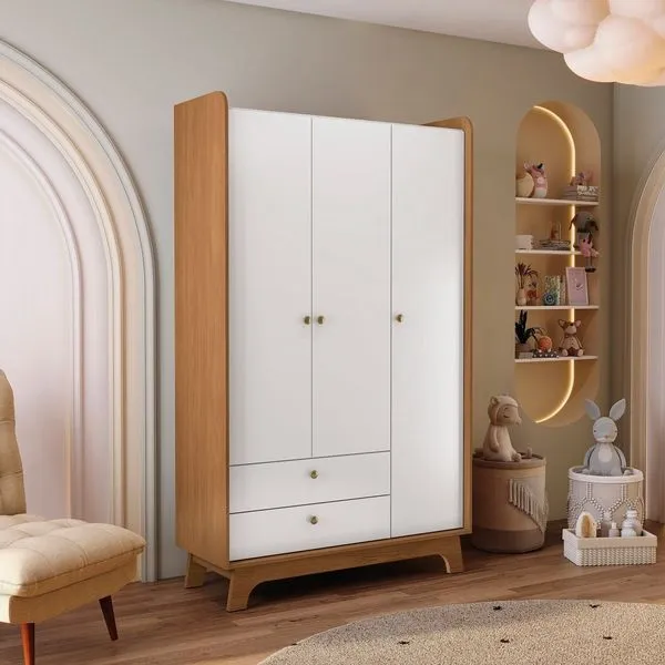 Guarda-roupa para Quarto Infantil Bebê 3 Portas e 2 Gavetas Encanto Canela / Branco