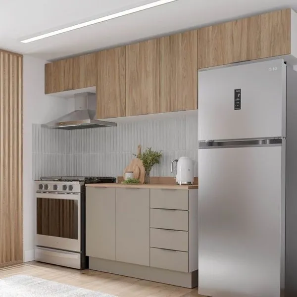 Cozinha Modulada 4 Peças com Tampo e Rodapé 3 Aéreos e 1 Balcão Ipanema CabeCasa MadeiraOriginals Fendi Trama/Acácia