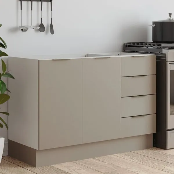 Balcão Pia 120cm sem Tampo com Rodapé Puxador 150mm Ipanema CabeCasa MadeiraOriginals Fendi Trama/Branco