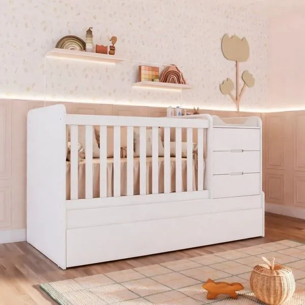 Berço Multifuncional Americano Bicama Gaveteiro Cléo 100% MDF Branco Fosco