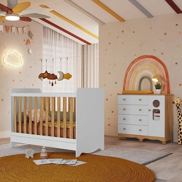 Quarto de Bebê com Cômoda 1 Porta Janelada 4 Gavetas e Berço Minicama 100% Mdf Gael Espresso Móveis Branco Brilho/Amêndoa