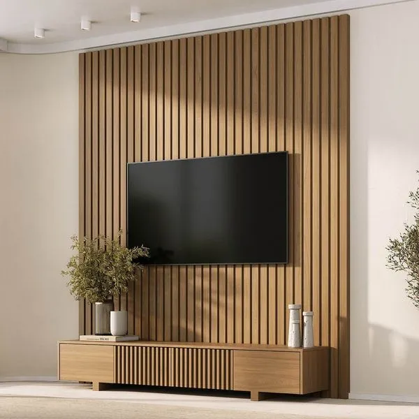Rack com Painel Ripado para TV até 75 Polegadas 200cmx230cm Aruá CabeCasa MadeiraOriginals Marrom Jatobá Jatoba