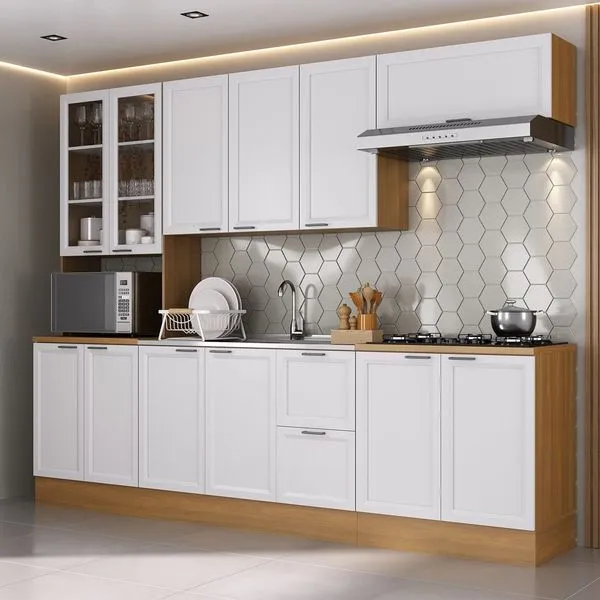 Cozinha Compacta Modulada 5 Peças 1 Paneleiro Duplo 2 Aéreos 2 Balcões Soho CabeCasa MadeiraOriginals Freijó/Branco
