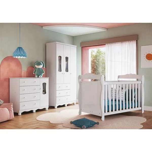 Quarto de Bebê Berço 3 em 1, Guarda-roupa e Cômoda com Janelas 100% MDF Aurora Espresso Móveis Branco Brilho