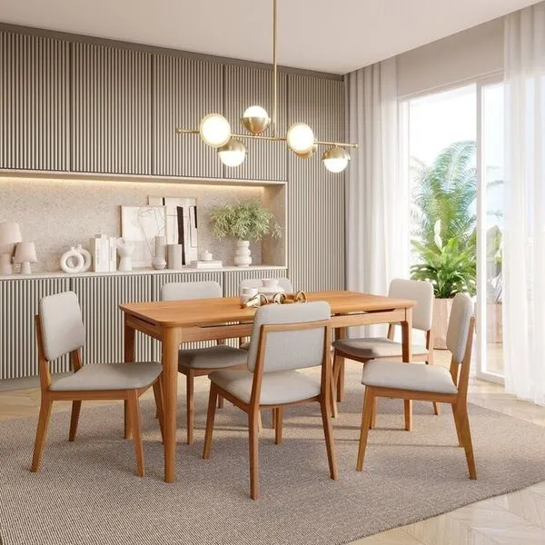 Conjunto Sala de Jantar 1 Mesa 160cm 6 Cadeiras Estofadas Miriti CabeCasa MadeiraOriginals Caramelo/Creme