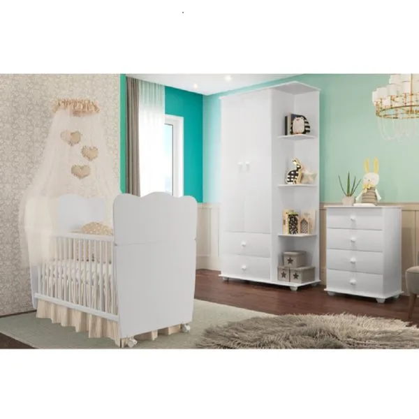 Quarto de Bebê Completo com 1 Berço Cama 1 Roupeiro 1 Cômoda Sol Branco