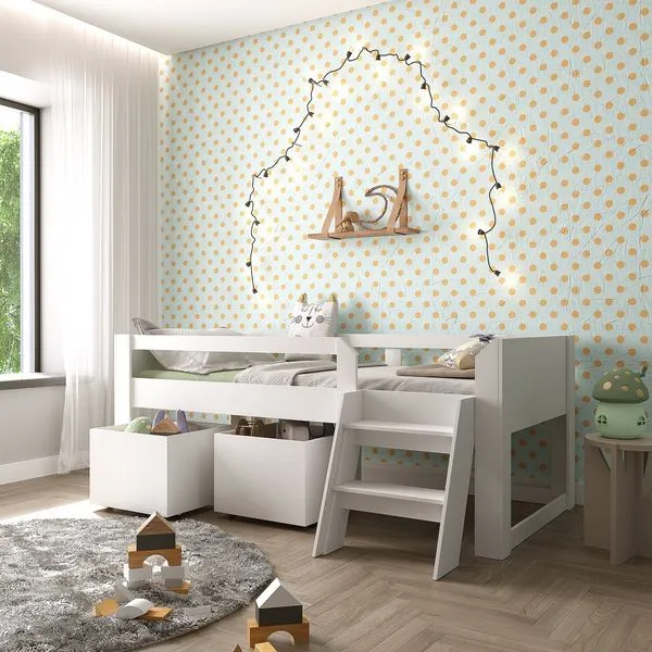 Cama Solteiro Infantil com Escada e 2 Baús Serena Yescasa Branco