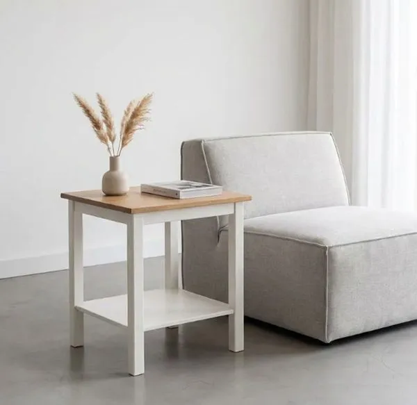 Mesa Lateral em Madeira Maciça Yescasa Amêndoa/Branco Amêndoa/Branco