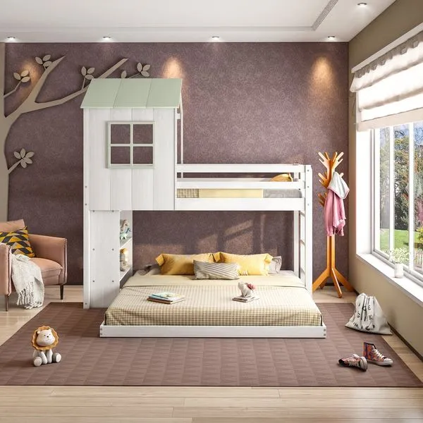 Beliche Solteiro Queen Montessoriano Cabana Family com Estante Casatema Branco/Verde