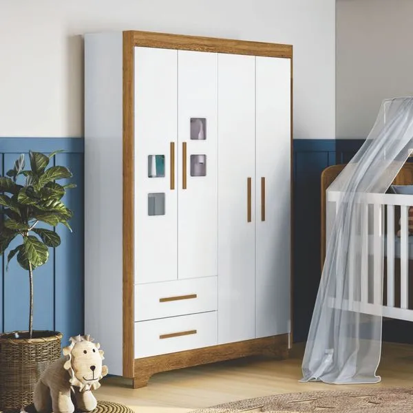 Guarda Roupa de Bebê 100% MDF 4 Portas 2 Gavetas Fly Flex Color Branco/Ypê/Branco