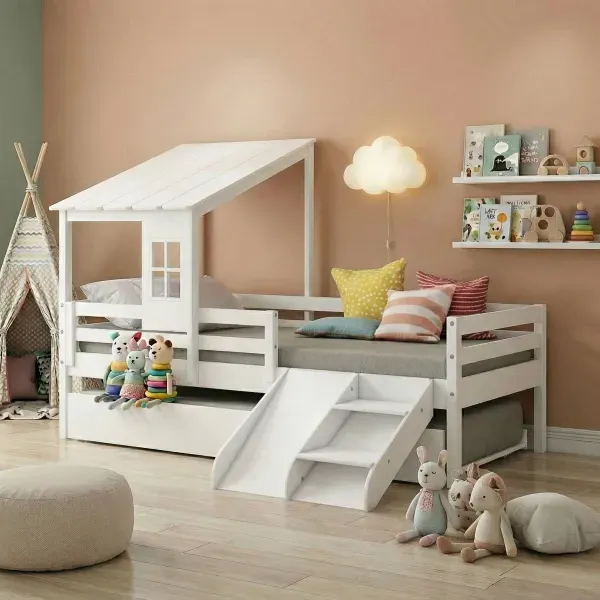 Bicama Solteiro Infantil Prime Telhadinho II e Escadinha/Escorrega Casatema Branco