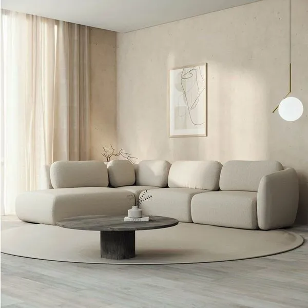 Sofá Modular com Sumiê 4 Lugares Bouclé Bege Orla 275cm CabeCasa MadeiraOriginals Espuma do Mar