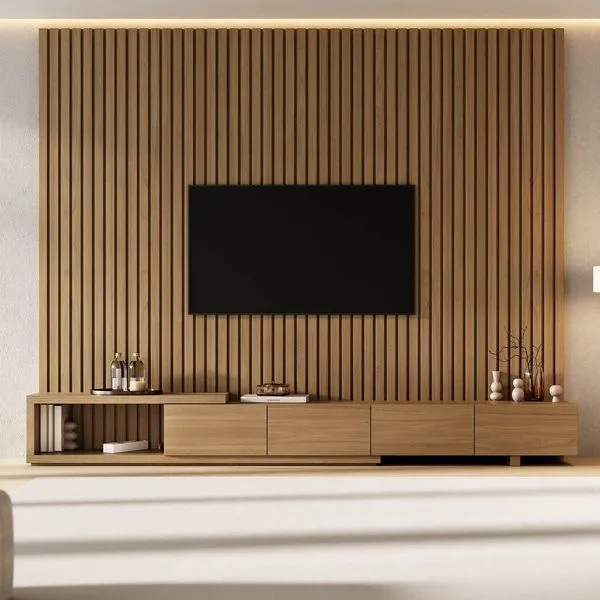 Rack com Painel Ripado Extensível para TV até 86 Polegadas 280cmx230cm Liso Aruá CabeCasa MadeiraOriginals Marrom Jatobá Jatoba