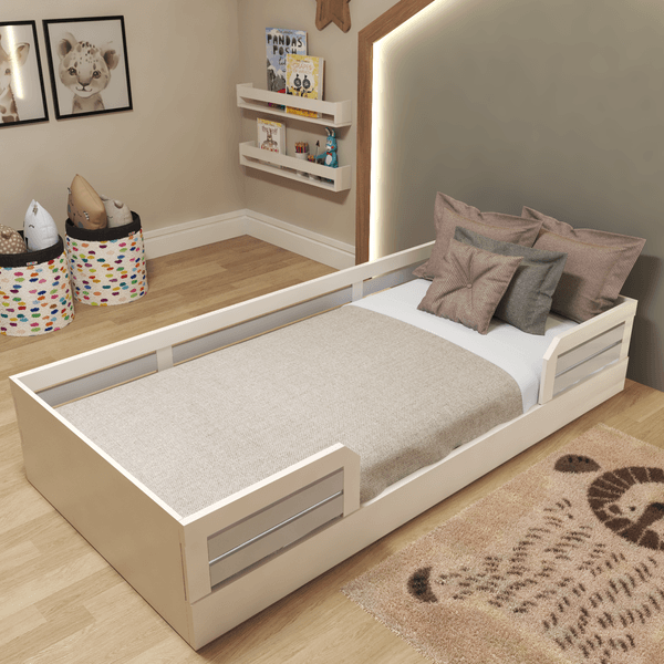 Cama Infantil Montessoriana Solteiro Lua Branco/Cinza Cristal