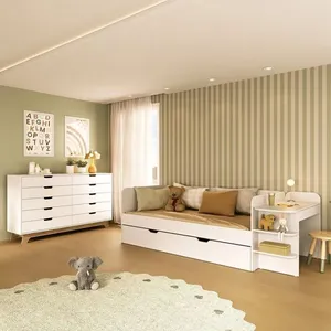 Quarto Infantil Cama de Solteiro 3 em 1 e Cômoda 10 Gavetas em Mdf Premium Helena e Alice Branco/ Louro Freijó Grann