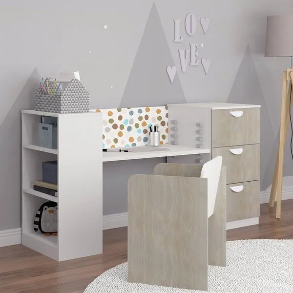 Conjunto Infantil 1 Mesa 3 Gavetas 3 Nichos 1 Cadeira Regulável Be Imobiliário Branco/Nature