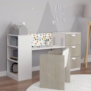 Conjunto Infantil 1 Mesa 3 Gavetas 3 Nichos 1 Cadeira Regulável Be Imobiliário Branco/Nature