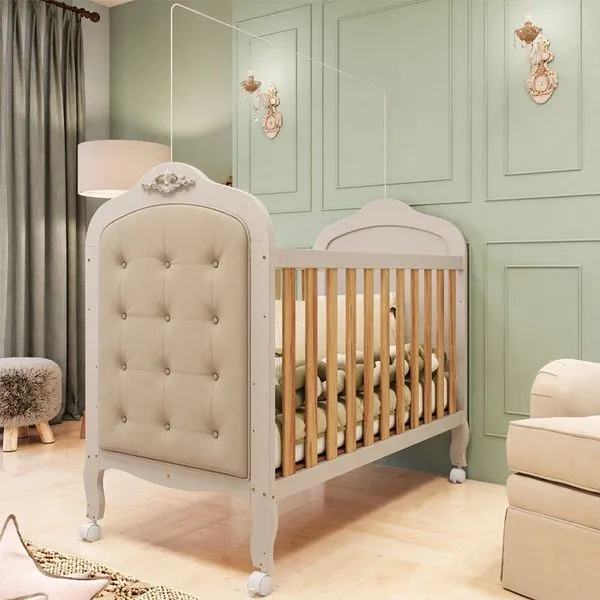 Berço Minicama 3 em 1 com Capitonê 100% MDF Maya Espresso Móveis Off White/Amêndoa/Corino Bege