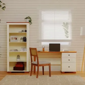 Conjunto Home Office 1 Mesa 150cm 3 Gavetas 1 Estante para Livros Ananda CabeCasa MadeiraOriginals Off White Mel Off-white/Mel