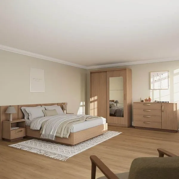 Kit Guarda Roupas 2 Portas, Cama Queen e Complementos de Quarto Araçá CabeCasa MadeiraOriginals Nogueira