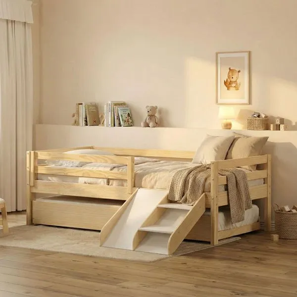 Bicama Solteiro Infantil Prime com Kit Escadinha e Escorrega Casatema Natural/Branco