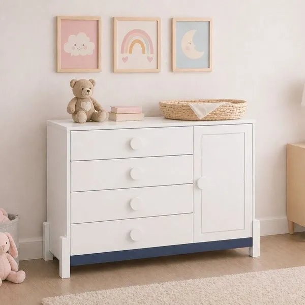 Cômoda para Quarto Infantil 4 Gavetas e Porta com Cabideiro Luna Neve /Azul Petróleo
