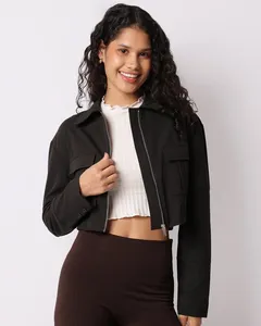 Jaqueta Feminina Alfaiataria Curta Com Bolsos Zíper Preta GG