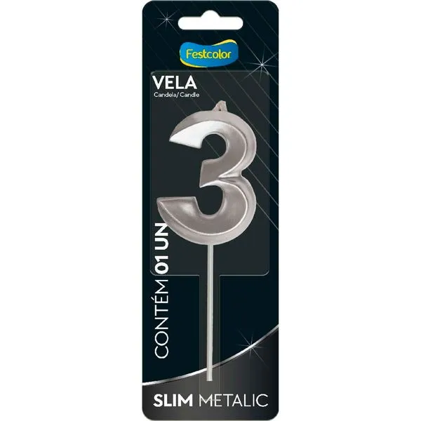 Vela Slim Metallic Nº3 Festcolor Prata (MP)