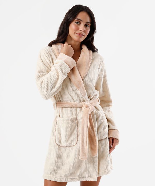 roupão feminino de fleece texturizado bege PP