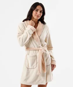 roupão feminino de fleece texturizado bege PP