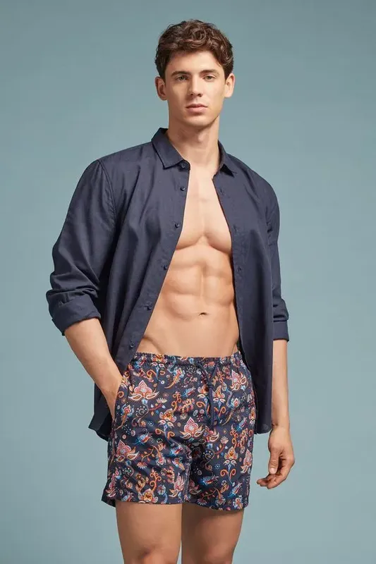 Bermuda De Banho Com Estampa De Flores De Cashmere - Azul P