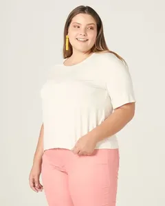 Blusa Básica Feminina Plus Size Decote Redondo Em Viscolinho Stretch Off White - G1