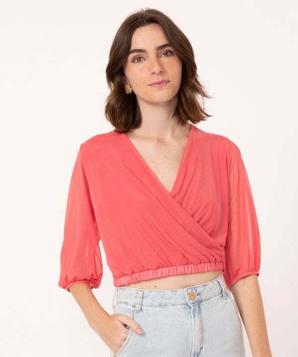 blusa de tule decote v transpassado manga bufante coral GG