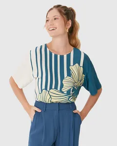 Blusa Box Feminina Estampada Manga Curta Em Viscose Azul - M