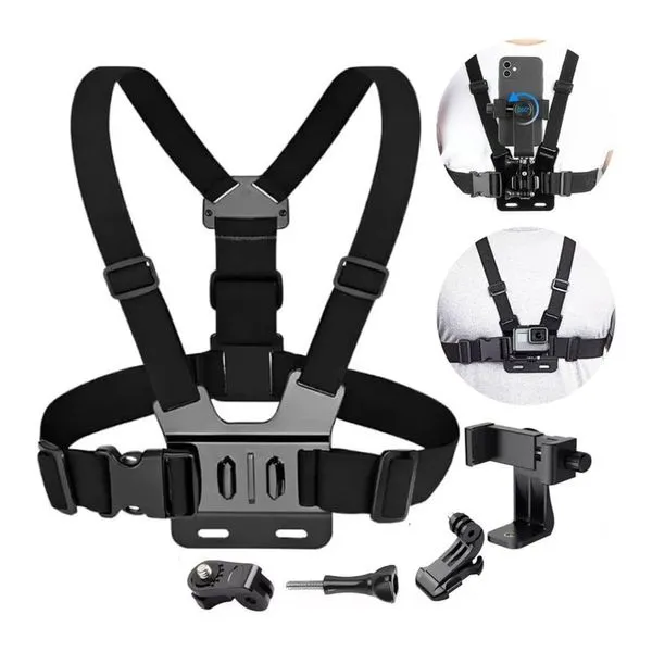 Kit 2 Suporte Peitoral Ajustável para Celular e Câmeras de Ação Giratório com Rotação 360 graus Preto Kit 2 Suporte Peitoral Ajustável para Celular e Câmeras de Ação com Rotação 360 graus Preto