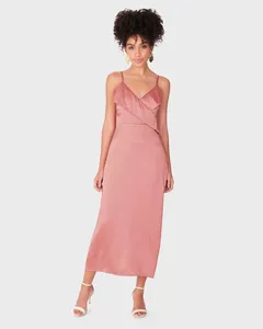 Vestido Midi Feminino Evasê Decote V Faixas Sobrepostas Em Cetim - ENFIM Rosa - M