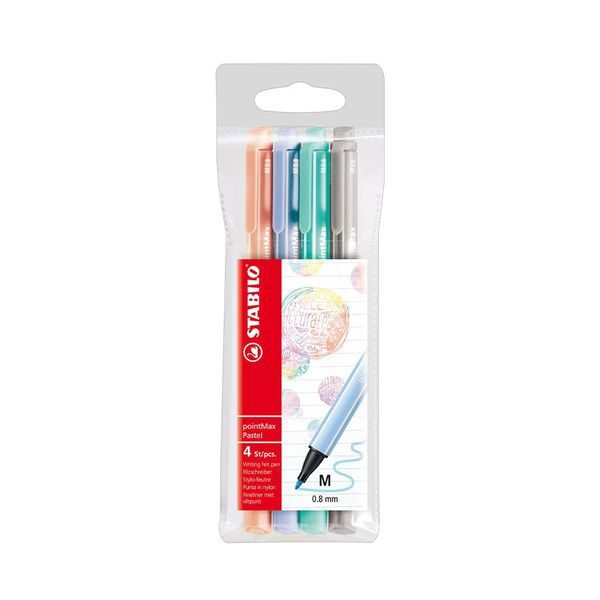 Caneta Hidrográfica Stabilo PointMax Fine 0.4mm com 4 Unidades Cores Tons Pastel