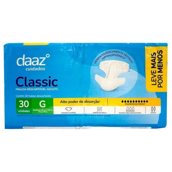 Fralda Descartável Adulto Geriátrica Daaz Classic Tamanho G 30 Unidades