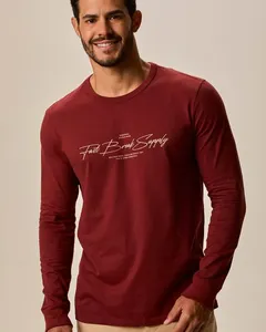 Camiseta Masculina Slim Manga Longa Estampa Frontal Em Algodão Vermelho - XGG