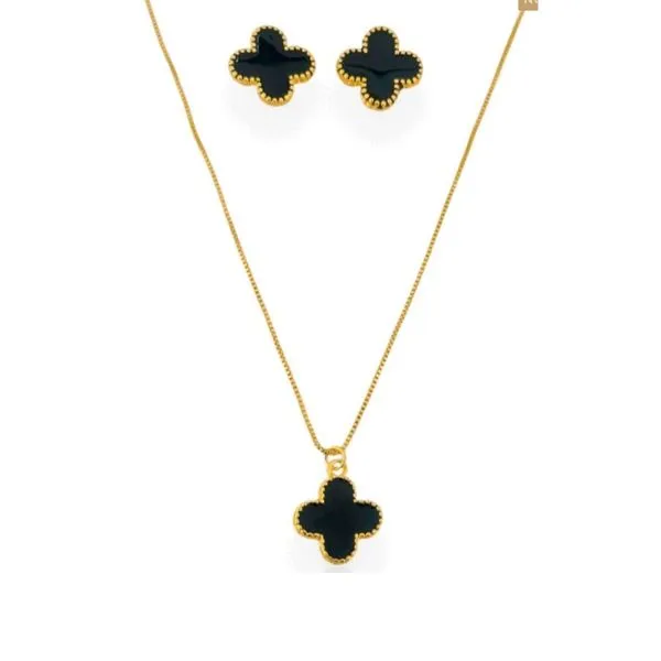 Bijuteria Colar E Brinco De Trevo Banhado A Ouro 18k