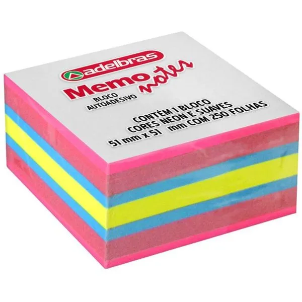 BLOCO DE RECADO AUTOADESIVO MEMONOTE 51X51 NEON 250FLS.