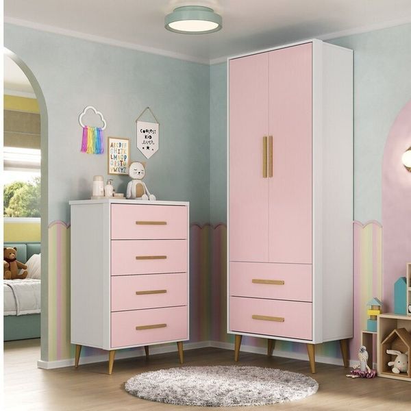 Quarto Infantil Completo com Guarda-roupa e Cômoda Magia Espresso Móveis Branco/Rosa